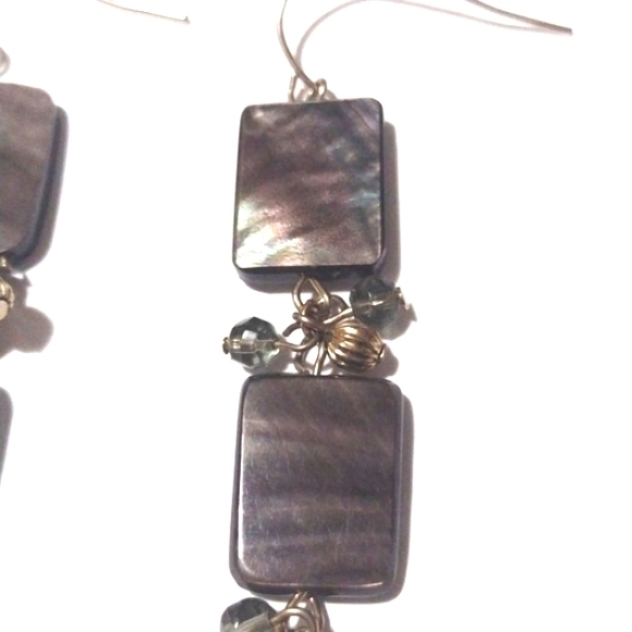 VINTAGE ABALONE SHELL AND TINY BEADED DROP DANGLE HOOK 3" EARRINGS - Picture 6 of 9